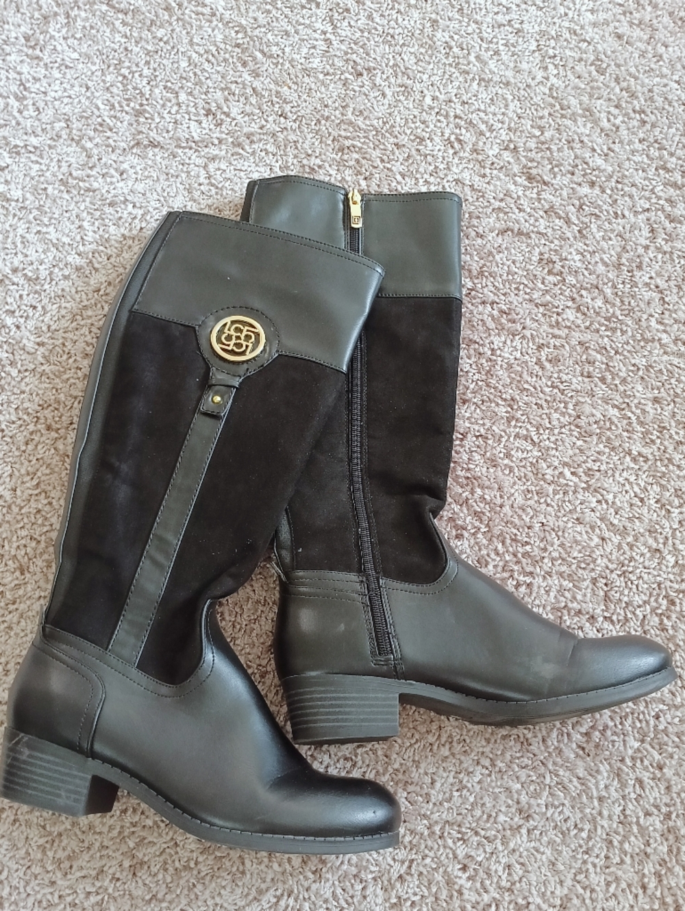 Liz Claiborne Black Leather and Suede Mid-Calf Boots with Gold Logo
